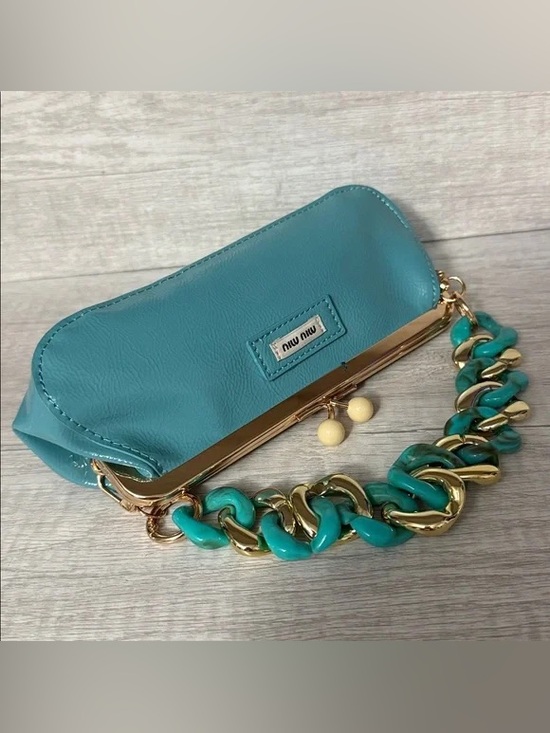 Miu Miu Handbags - Miu Miu Teal Leather Clutch with Gold-Tone Chain
